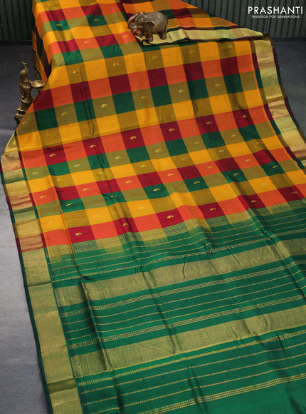 Silk cotton saree multi colour and green with allover paalum pazhamum checks & zari buttas and zari woven border