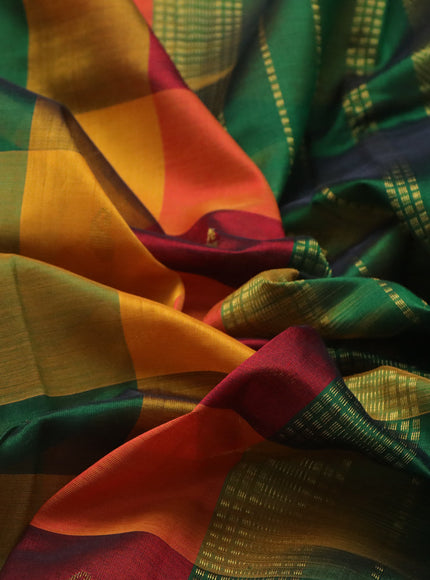 Silk cotton saree multi colour and green with allover paalum pazhamum checks & zari buttas and zari woven border