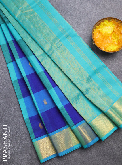 Silk cotton saree blue and teal blue with allover paalum pazhamum checks & zari buttas and zari woven border