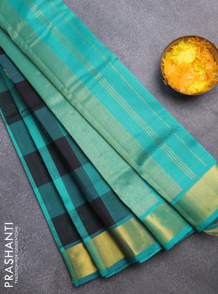 Silk cotton saree black and teal blue with allover paalum pazhamum checks & zari buttas and zari woven border