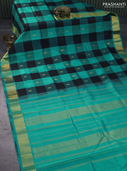 Silk cotton saree black and teal blue with allover paalum pazhamum checks & zari buttas and zari woven border