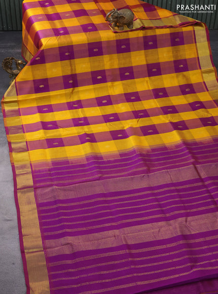 Silk cotton saree mango yellow and purple with allover paalum pazhamum checks & zari buttas and zari woven border