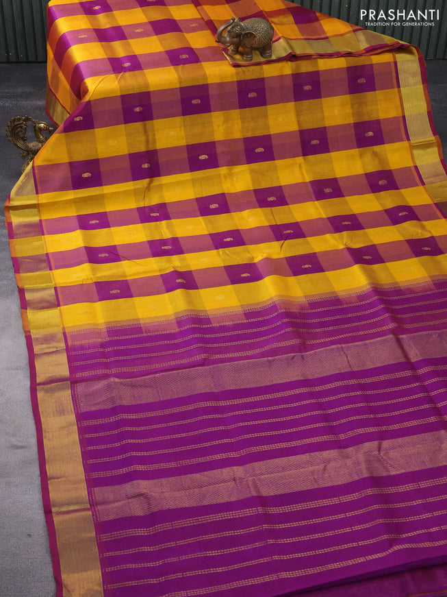 Silk cotton saree mango yellow and purple with allover paalum pazhamum checks & zari buttas and zari woven border