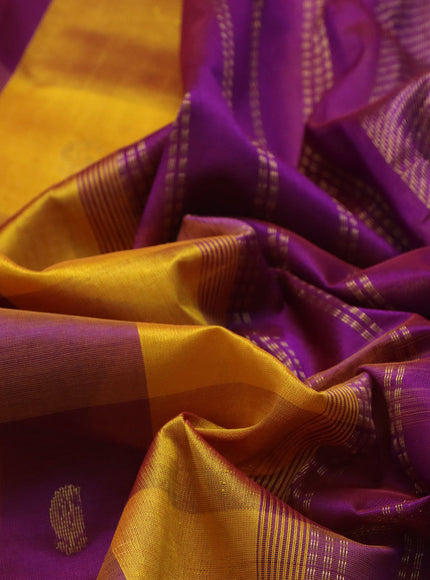 Silk cotton saree mango yellow and purple with allover paalum pazhamum checks & zari buttas and zari woven border