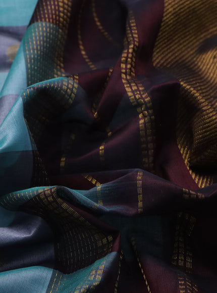 Silk cotton saree teal blue and deep coffee brown with allover paalum pazhamum checks & zari buttas and zari woven border