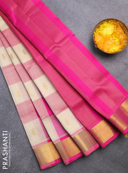 Silk cotton saree cream and pink with allover paalum pazhamum checks & zari buttas and zari woven border