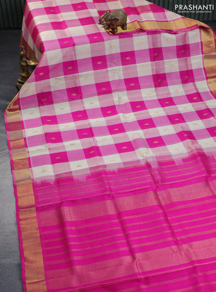 Silk cotton saree cream and pink with allover paalum pazhamum checks & zari buttas and zari woven border