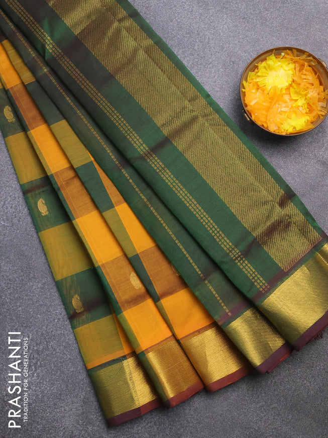 Silk cotton saree multi colour and green with allover paalum pazhamum checks & zari buttas and zari woven border