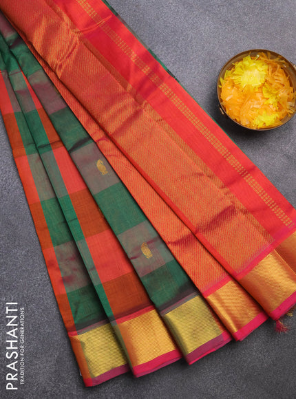 Silk cotton saree multi colour and dual shade of pinkish orange with allover paalum pazhamum checks & zari buttas and zari woven border