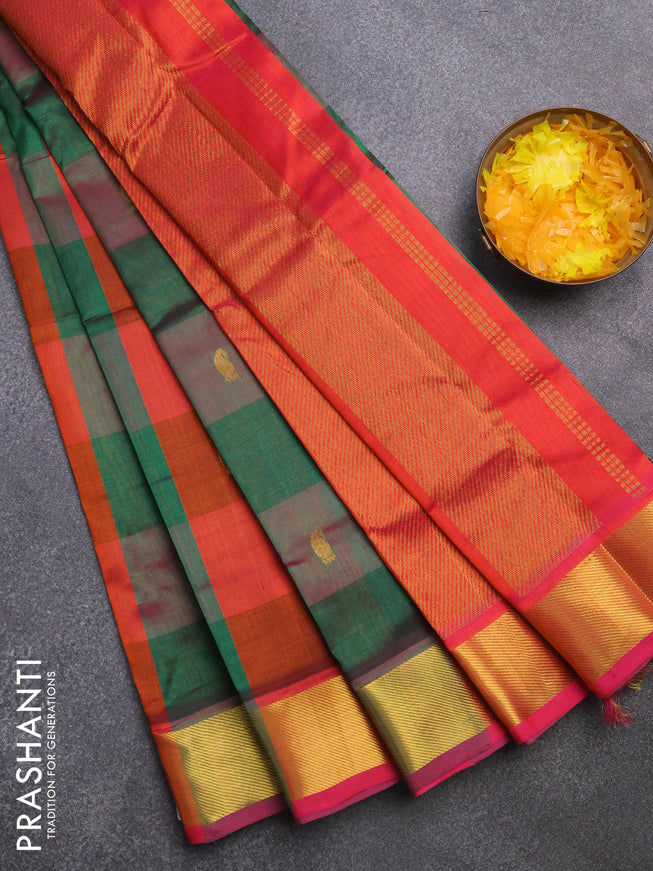 Silk cotton saree multi colour and dual shade of pinkish orange with allover paalum pazhamum checks & zari buttas and zari woven border