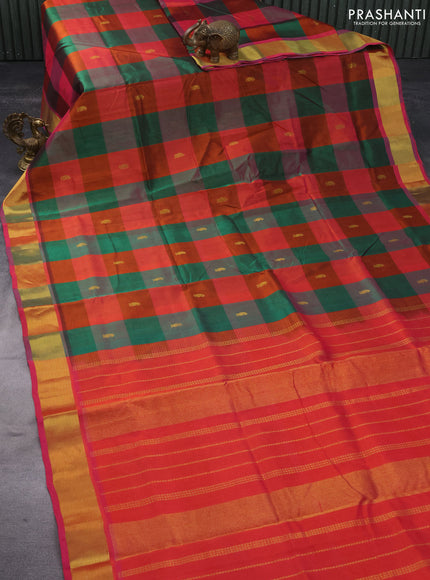 Silk cotton saree multi colour and dual shade of pinkish orange with allover paalum pazhamum checks & zari buttas and zari woven border