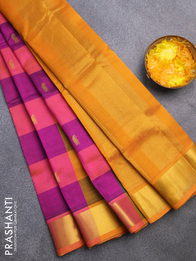 Silk cotton saree multi colour and mustard yellow with allover paalum pazhamum checks & zari buttas and zari woven border