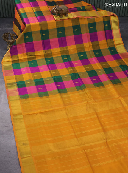 Silk cotton saree multi colour and mustard yellow with allover paalum pazhamum checks & zari buttas and zari woven border