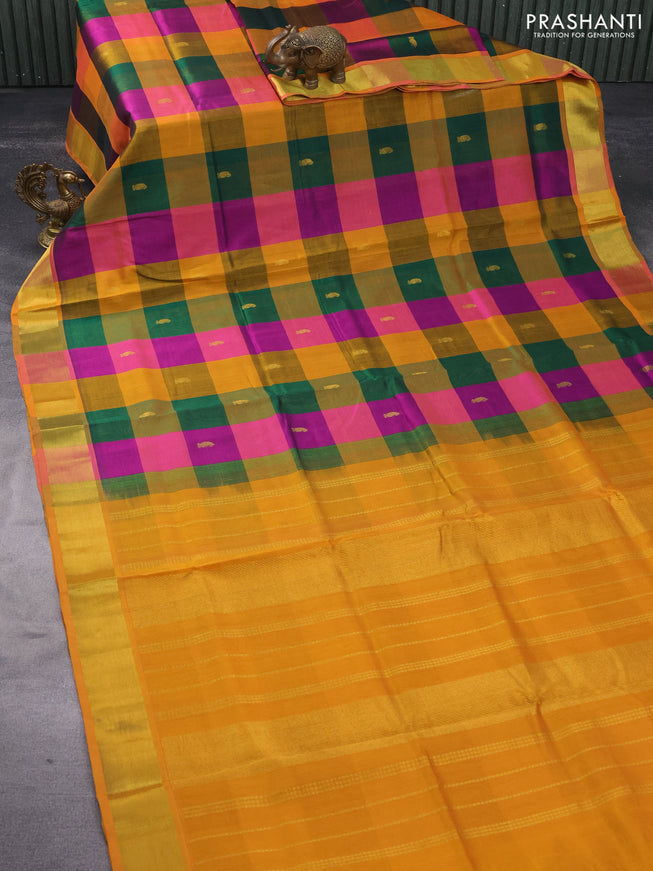 Silk cotton saree multi colour and mustard yellow with allover paalum pazhamum checks & zari buttas and zari woven border