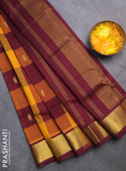 Silk cotton saree mustard yellow and wine shade with allover paalum pazhamum checks & zari buttas and zari woven border