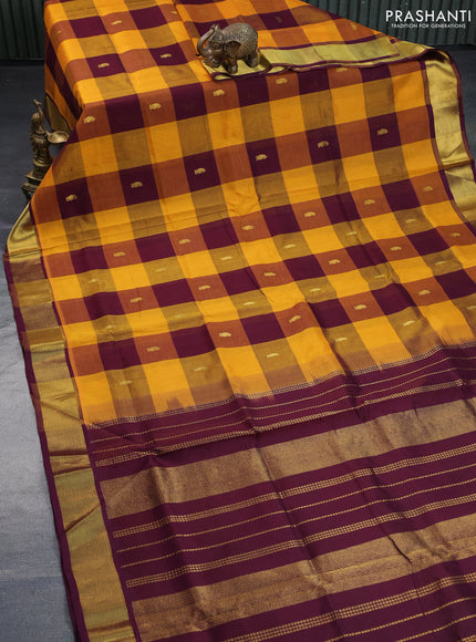 Silk cotton saree mustard yellow and wine shade with allover paalum pazhamum checks & zari buttas and zari woven border