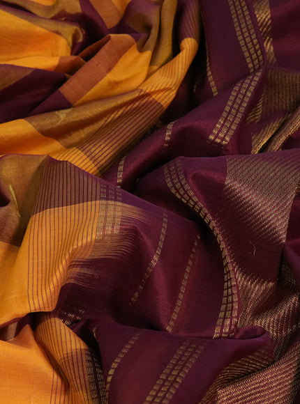 Silk cotton saree mustard yellow and wine shade with allover paalum pazhamum checks & zari buttas and zari woven border