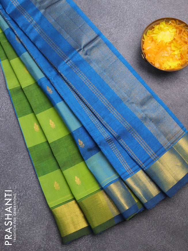 Silk cotton saree light green and peacock blue with allover paalum pazhamum checks & zari buttas and zari woven border