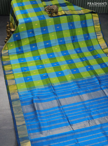 Silk cotton saree light green and peacock blue with allover paalum pazhamum checks & zari buttas and zari woven border