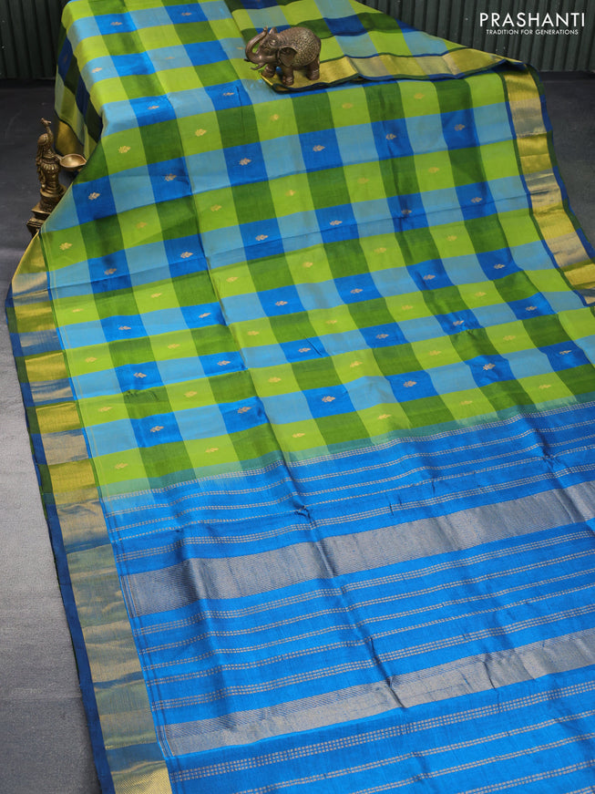 Silk cotton saree light green and peacock blue with allover paalum pazhamum checks & zari buttas and zari woven border