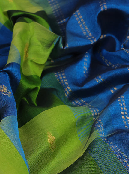 Silk cotton saree light green and peacock blue with allover paalum pazhamum checks & zari buttas and zari woven border