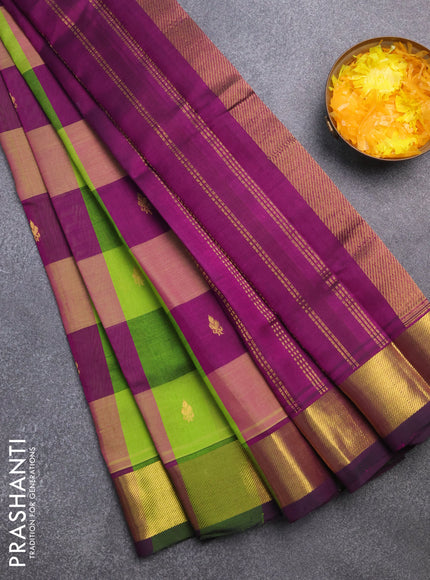 Silk cotton saree light green and purple with allover paalum pazhamum checks & zari buttas and zari woven border