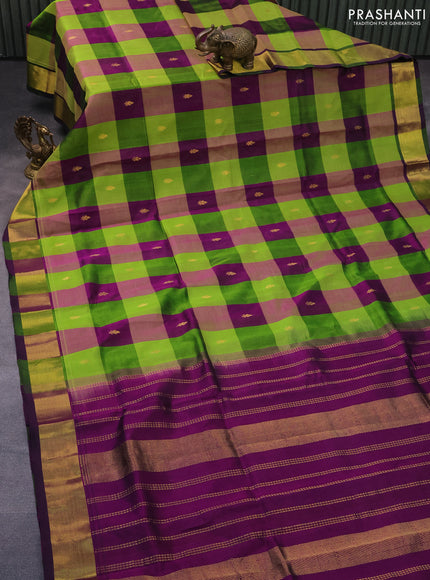 Silk cotton saree light green and purple with allover paalum pazhamum checks & zari buttas and zari woven border