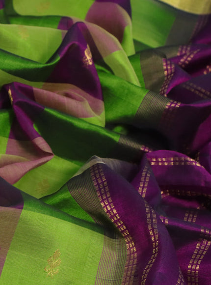 Silk cotton saree light green and purple with allover paalum pazhamum checks & zari buttas and zari woven border