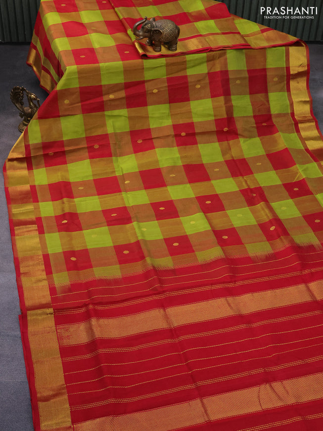 Silk cotton saree light green and red with allover paalum pazhamum checks & zari buttas and zari woven border