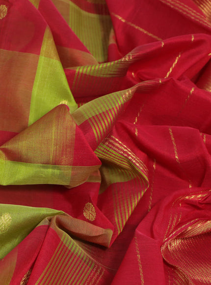 Silk cotton saree light green and red with allover paalum pazhamum checks & zari buttas and zari woven border