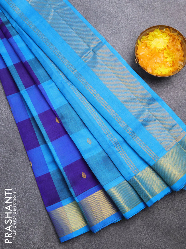 Silk cotton saree blue and cs blue with allover paalum pazhamum checks & zari buttas and zari woven border