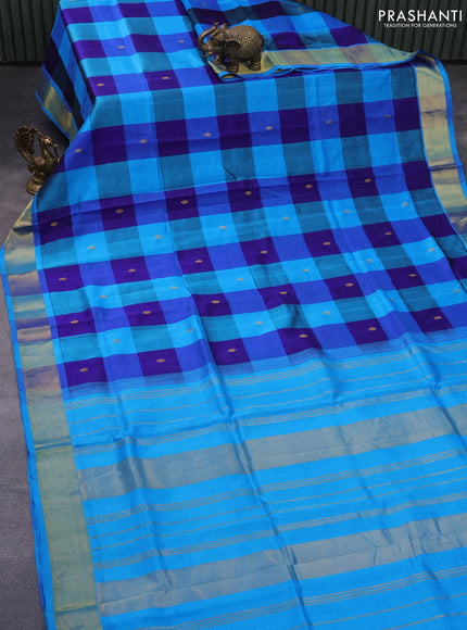 Silk cotton saree blue and cs blue with allover paalum pazhamum checks & zari buttas and zari woven border