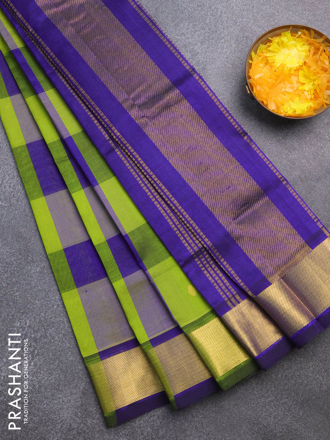 Silk cotton saree light green and blue with allover paalum pazhamum checks & zari buttas and zari woven border