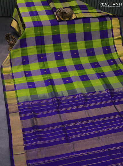 Silk cotton saree light green and blue with allover paalum pazhamum checks & zari buttas and zari woven border