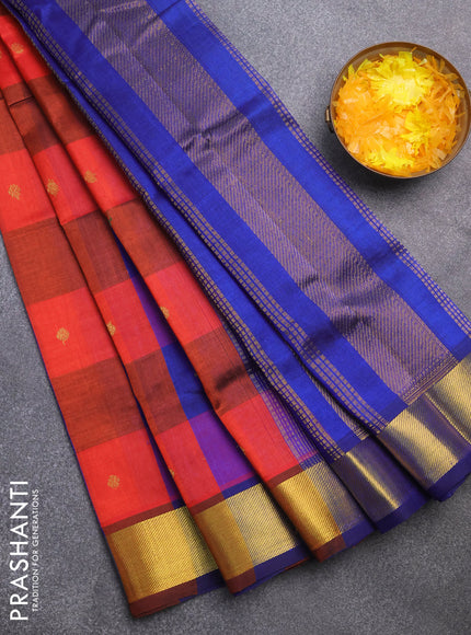 Silk cotton saree red and dark blue with allover paalum pazhamum checks & zari buttas and zari woven border