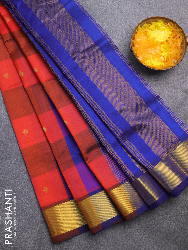 Silk cotton saree red and dark blue with allover paalum pazhamum checks & zari buttas and zari woven border