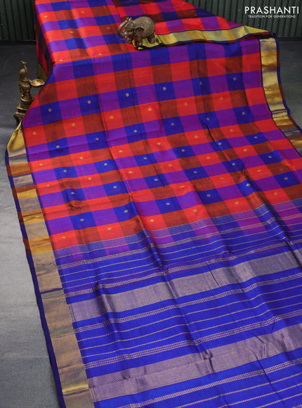 Silk cotton saree red and dark blue with allover paalum pazhamum checks & zari buttas and zari woven border