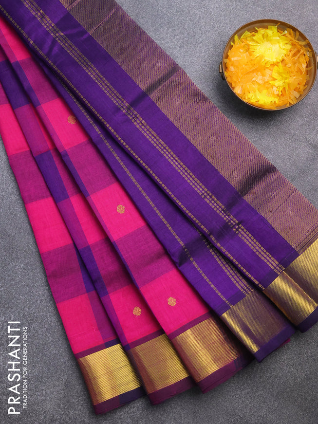 Silk cotton saree pink and dark blue with allover paalum pazhamum checks & zari buttas and zari woven border