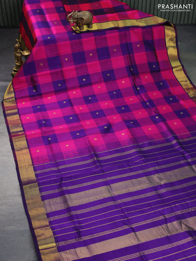 Silk cotton saree pink and dark blue with allover paalum pazhamum checks & zari buttas and zari woven border