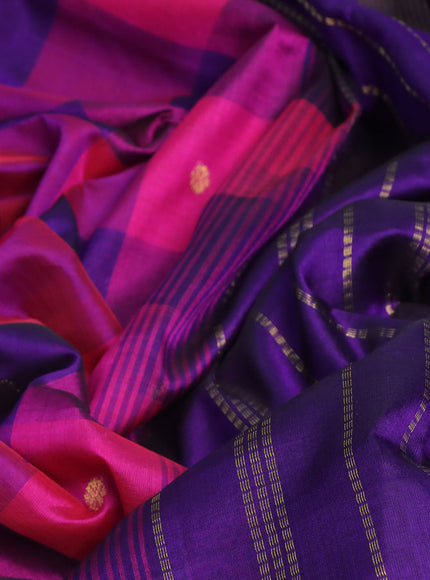 Silk cotton saree pink and dark blue with allover paalum pazhamum checks & zari buttas and zari woven border