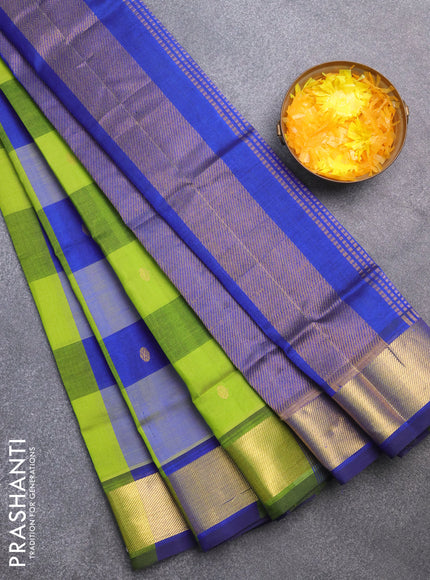 Silk cotton saree light green and blue with allover paalum pazhamum checks & zari buttas and zari woven border