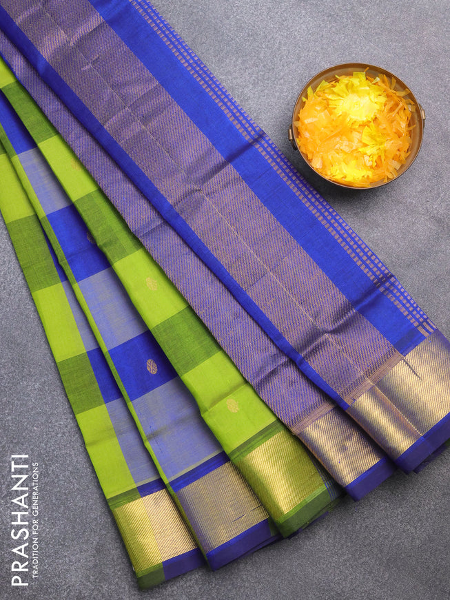 Silk cotton saree light green and blue with allover paalum pazhamum checks & zari buttas and zari woven border