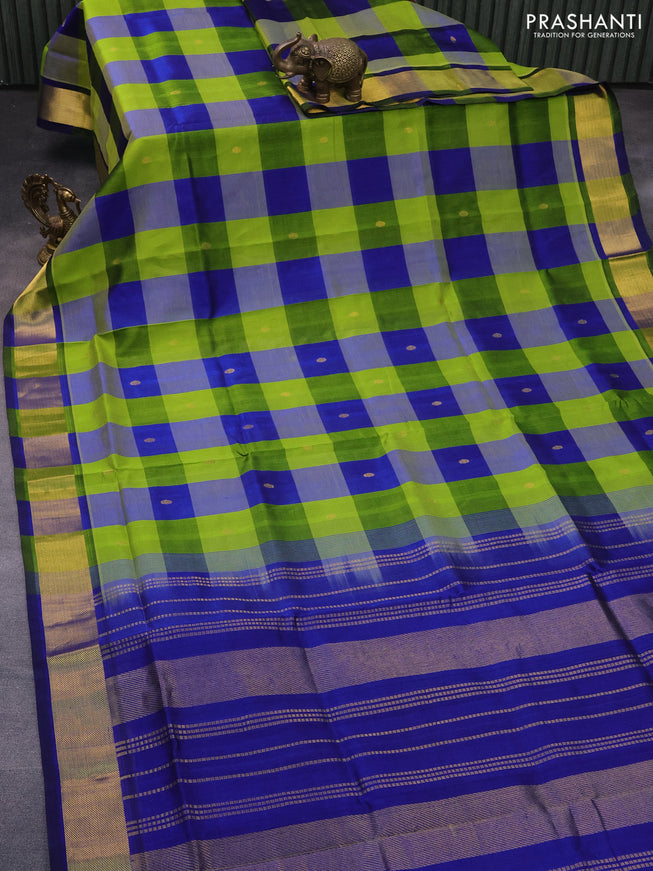 Silk cotton saree light green and blue with allover paalum pazhamum checks & zari buttas and zari woven border