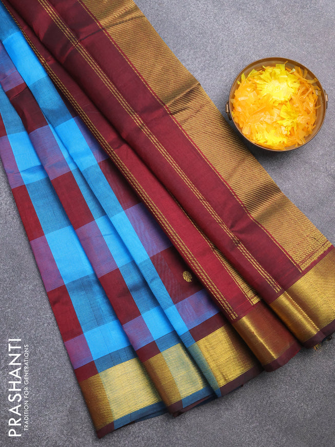 Silk cotton saree cs blue and maroon with allover paalum pazhamum checks & zari buttas and zari woven border