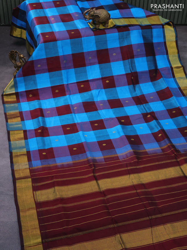 Silk cotton saree cs blue and maroon with allover paalum pazhamum checks & zari buttas and zari woven border