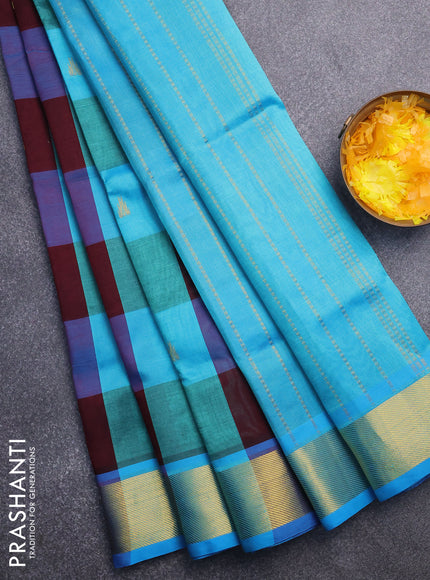 Silk cotton saree deep maroon and light blue with allover paalum pazhamum checks & zari buttas and zari woven border