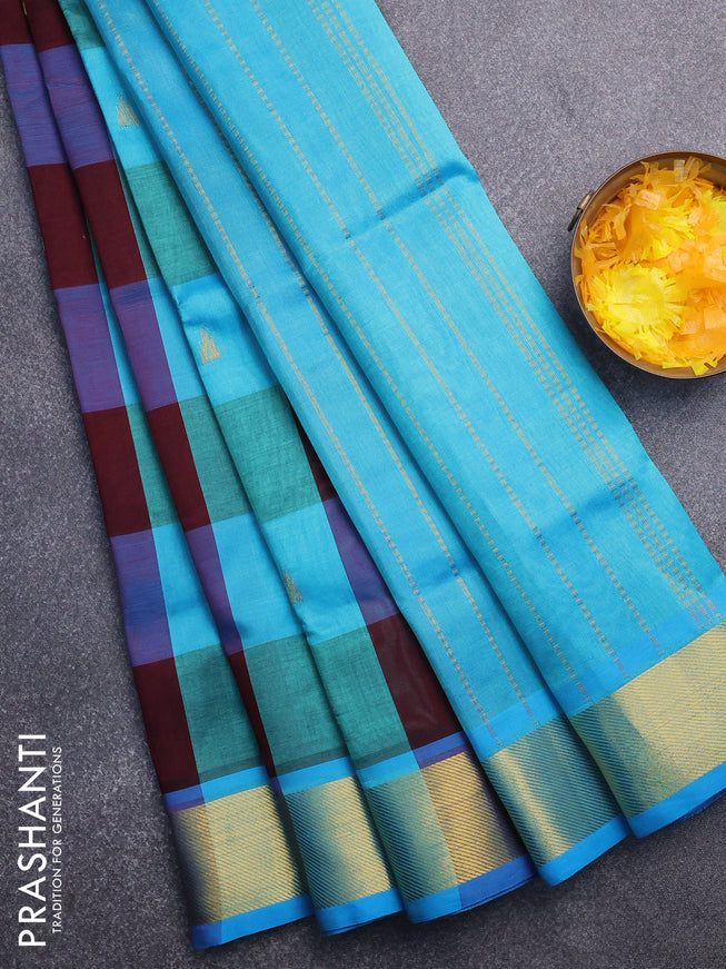 Silk cotton saree deep maroon and light blue with allover paalum pazhamum checks & zari buttas and zari woven border