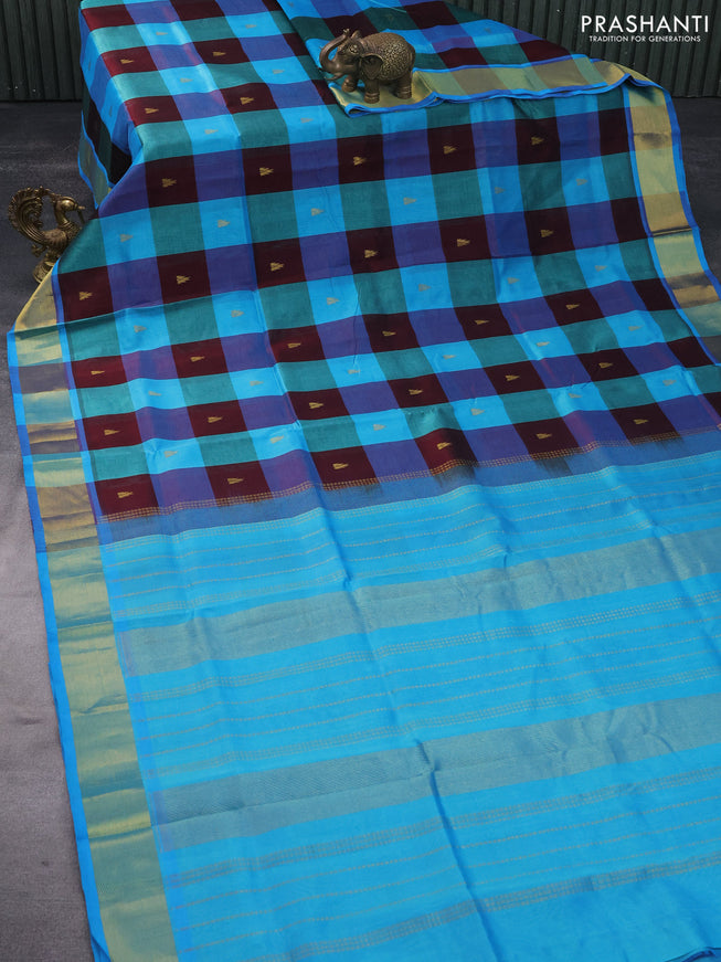 Silk cotton saree deep maroon and light blue with allover paalum pazhamum checks & zari buttas and zari woven border