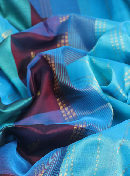 Silk cotton saree deep maroon and light blue with allover paalum pazhamum checks & zari buttas and zari woven border