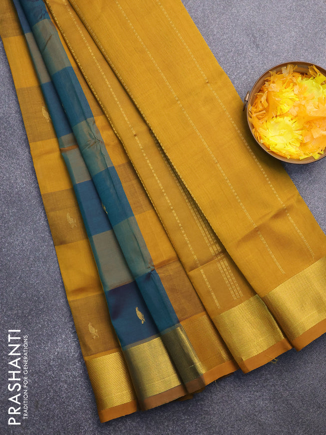 Silk cotton saree peacock green and mustard yellow with allover paalum pazhamum checks & zari buttas and zari woven border